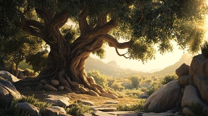Obraz premium A majestic tree stands in a serene landscape under warm sunlight.