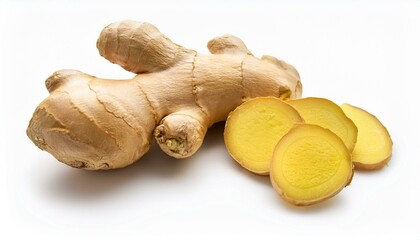 Fresh ginger root with slices, showcasing its vibrant yellow interior against a clean white backdrop.