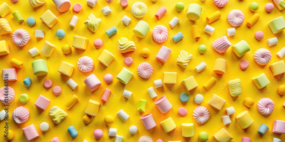 Poster a vibrant arrangement of pastel-colored marshmallows scattered across a sunny yellow backdrop, creat