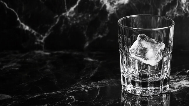 Clear glass tumbler with ice cube on dark marble surface at a bar. 