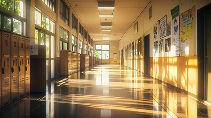 A sunlit school hallway with lockers and posters on the walls.