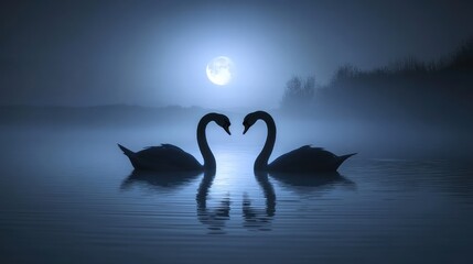 Fototapeta premium Two swans forming a heart shape at night under a full moon.