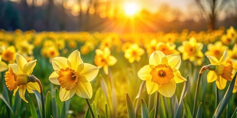 Fototapeta premium A field of vibrant yellow daffodils bask in the warm glow of a setting sun, their petals catching the light in a dazzling display of spring beauty.