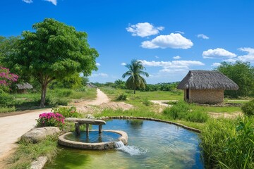 Fototapeta premium Rustic Village With Clear Water Pond And Lush Greenery. Picturesque Background Showcasing Natural Beauty And Tranquil Lifestyle. Harmony Of Nature And Tradition. AI generated