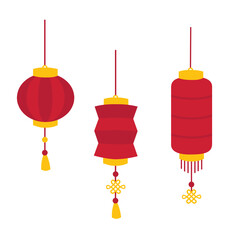 A set of three flat-color Chinese lantern vectors in unique shapes. Perfect for Lunar New Year, Mid-Autumn Festival, or Asian-themed designs. Scalable for digital and print use.