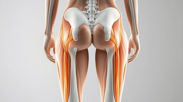 Female anatomy, posterior view, highlighting hip and thigh muscles and bones.