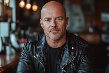 Obraz premium Man with shaved head wearing a leather jacket sitting at a bar during evening hours, exuding confidence and