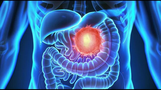 3D medical animation depicting a tumor in the human digestive system.