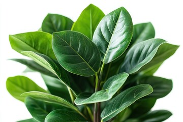 Fototapeta premium Lush green foliage of a houseplant with large, glossy leaves against a white background.