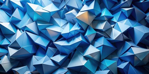 A mesmerizing abstract background featuring a textured array of blue and metallic triangular shapes. The geometric pattern creates an illusion of depth and movement.