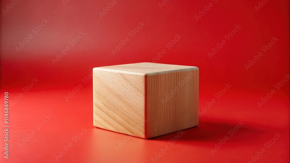 Poster a smooth wooden cube, positioned in the center of a vibrant red background, casting a subtle shadow.