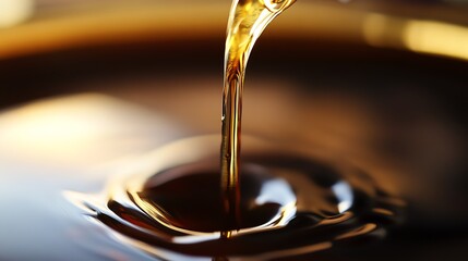 Close-up of golden syrup flowing into a dark, reflective surface.