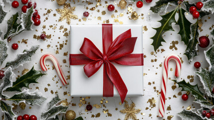 Bright and Cheerful Flat Lay Christmas Scene with Gifts and Decorations