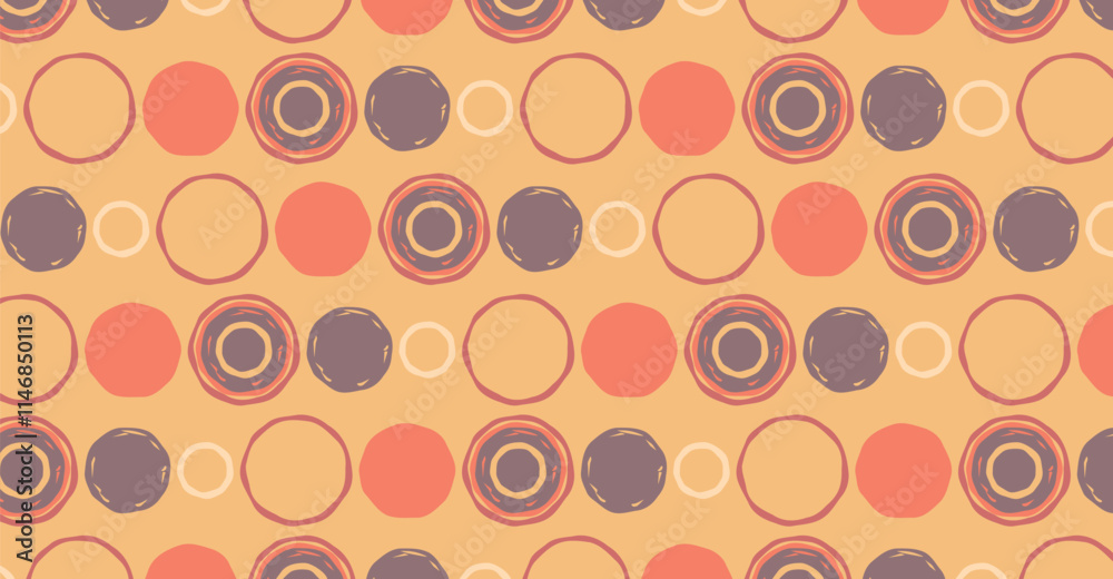 Poster A playful pattern with repeating circles in various shades of orange and purple. Vector pattern featuring a simple yet visually appealing arrangement.