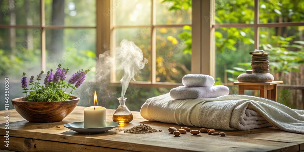 Aufkleber A relaxing spa setting with a lit candle, essential oil diffuser, and a soft towel, all placed on a wooden table near a window with a view of nature