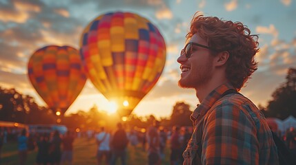 Joyful Moment Captured at a Hot Air Balloon Festival During Sunset With Vibrant Colors and a Smiling Man Enjoying the Atmosphere