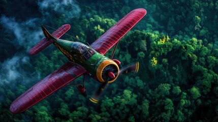 Naklejka premium Vintage propeller airplane with red wings flying low over a dense green forest canopy.