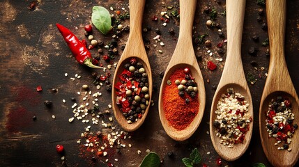 Colorful spices arranged in wooden spoons on a rustic surface.