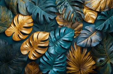 Tropical leaves in vibrant colors arranged artistically for a decorative background