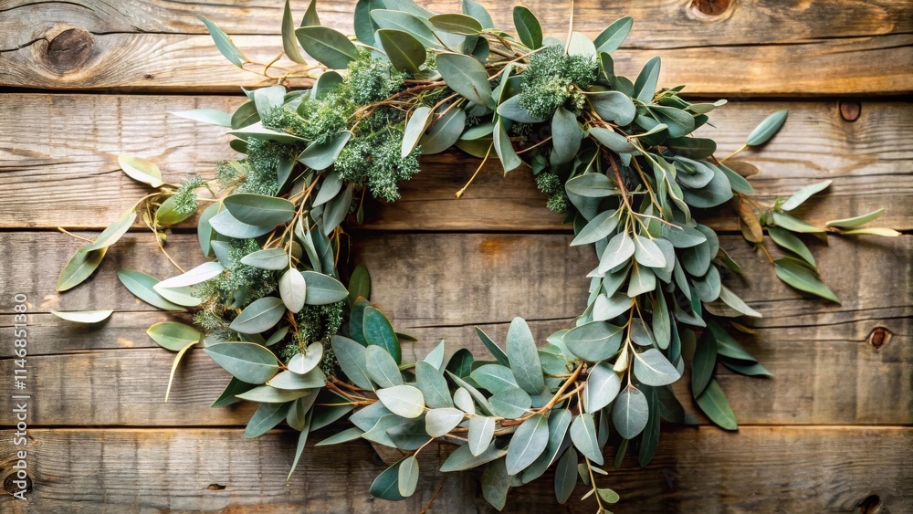 Poster a rustic wreath of fresh eucalyptus leaves arranged in a circular shape against a weathered wooden b