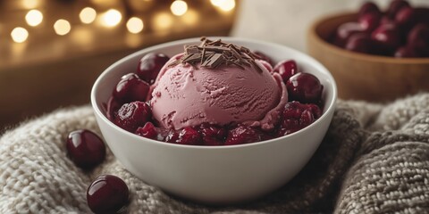 Cherry ice cream scoop with chocolate toppings and fresh cherries in a cozy setting
