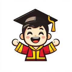 Vector graphic drawing of an Asian boy wearing a red and yellow high school uniform with a black cap, smiling happily and celebrating his graduation