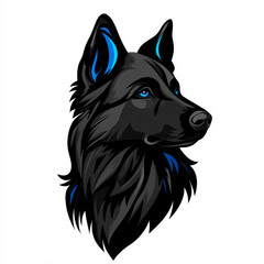 Black German Shepherd dog head vector illustration with blue highlights, white background