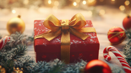 Bright Red Gift Box with Golden Satin Bow for Christmas