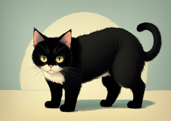 black and white cat about to arch his back in curte little cartoon style and plain background