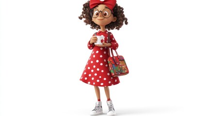 Cheerful cartoon girl in red polka dot dress holding a mug.