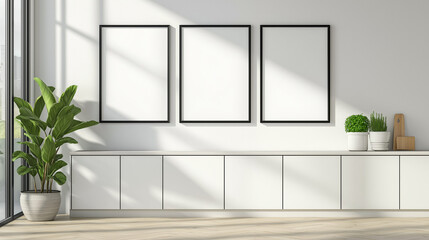 Fototapeta premium Mockup of Clean White Kitchen with 3 Frames on the Wall