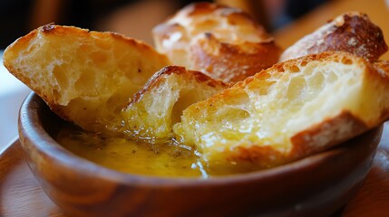 Fresh bread served with delicious olive oil in a wooden bowl.