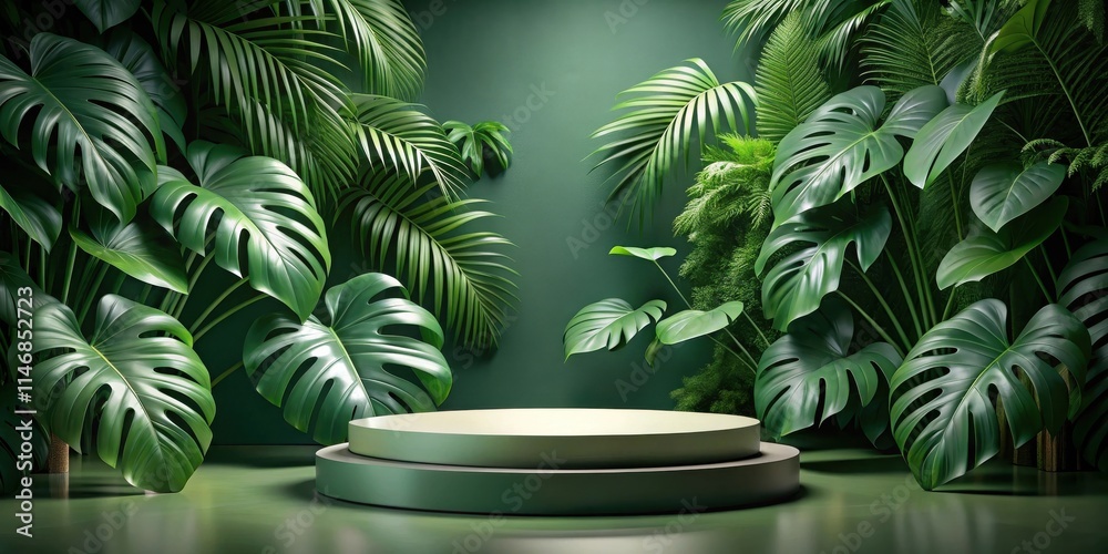 Poster A Serene and Minimalist Presentation Platform Adorned with Lush Tropical Foliage in a Verdant Setting