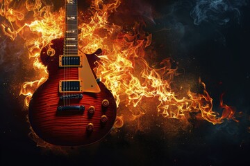 Fiery electric guitar in dark studio setting - high energy musical concept