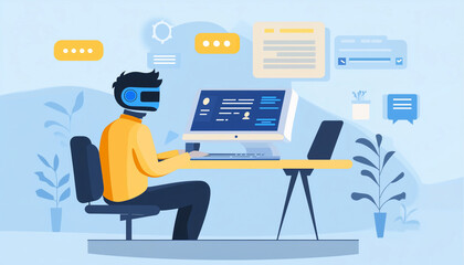 illustration of a person using VR goggles working on a computer
