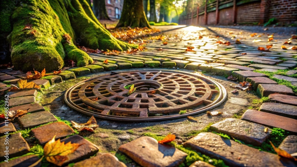 Poster a circular sewer grate embedded in a cobblestone street, surrounded by fallen leaves, moss and sunli