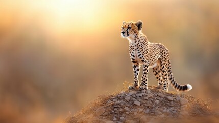 Obraz premium A cheetah stands gracefully on a rocky mound in golden sunlight, showcasing its majestic form and natural habitat.