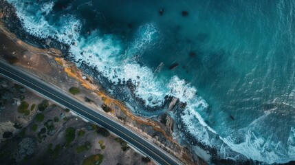 Bird's eye view of a road trip expedition along a coastal road with ocean views