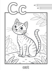 Naklejka premium Coloring page for children with letters of the English alphabet, letter C with a picture of a cat