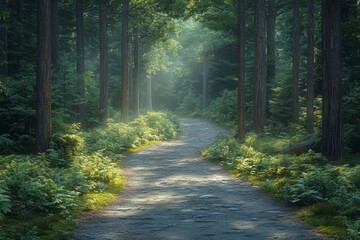 Fototapeta premium Serene Forest Pathway with Soft Morning Light