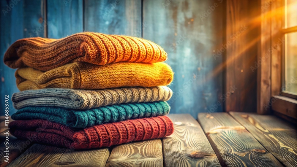 Poster A Stack of Knitted Sweaters on a Wooden Table with Sunlight Streaming Through a Window