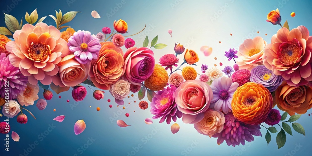 Poster A symphony of vibrant flowers in a mesmerizing array, cascading against a soft blue background, creating a captivating floral tapestry.