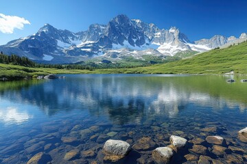 Serene Mountain Reflections in Clear Blue Lake