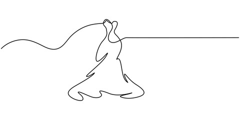 Continuous line drawing of a dress on a hanger. Minimalist illustration for beauty and fashion, Beautiful woman in long flowing dress in continuous line art drawing style. dress sketch, one continuous