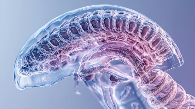 Transparent alien head, detailed internal anatomy, pinkish-blue hues.