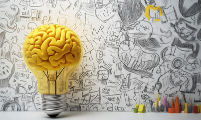 Yellow Brain Inside a Light Bulb Symbolizing Creativity and Innovation