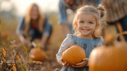 Small child playing in pumpkin field in farm in Fall