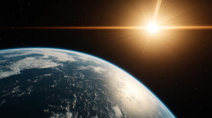 Fototapeta premium Stunning View of Earth From Space With Sun Shining Brightly Over the Horizon During Twilight Hours