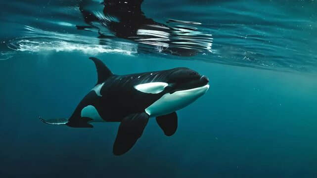 Black and white killer whale in blue ocean, underwater view