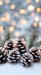 Snowy Pine Cones with Warm Bokeh Background